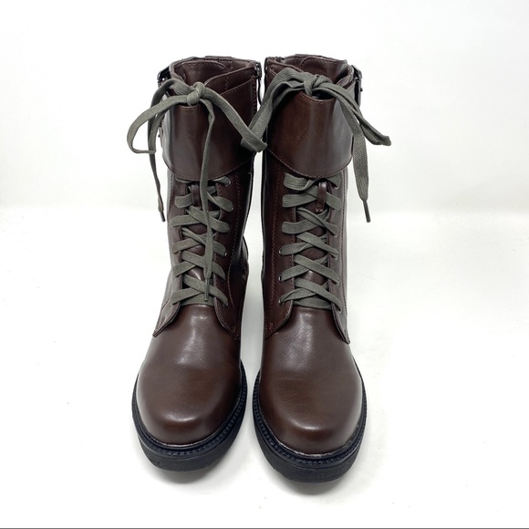 New in Box Brown Platform Vegan Leather Mid Shaft Buckle Zip Up Moto Boots - Picture 8 of 8